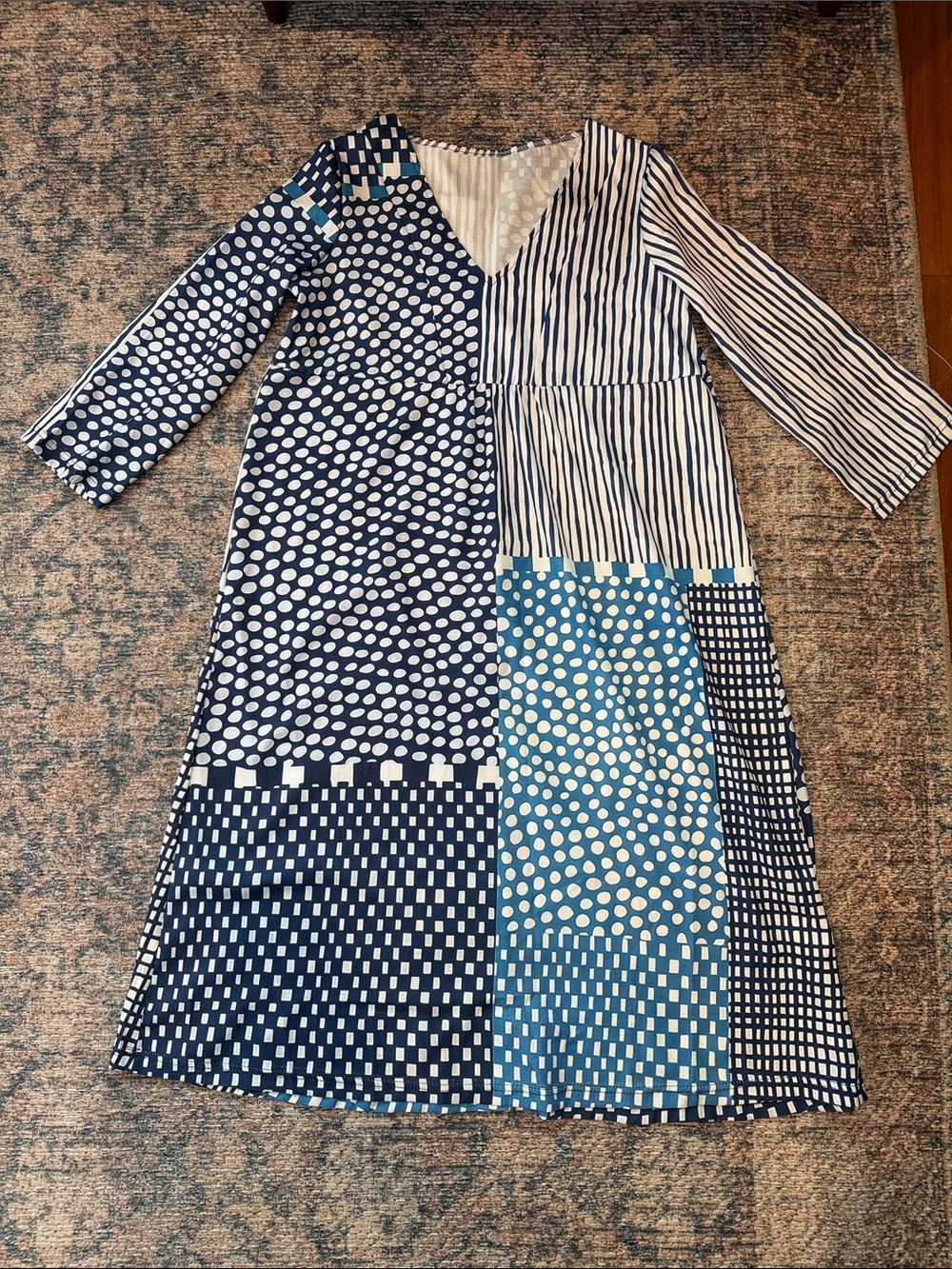 Blue Patchwork Caftan V‑Neck Dress